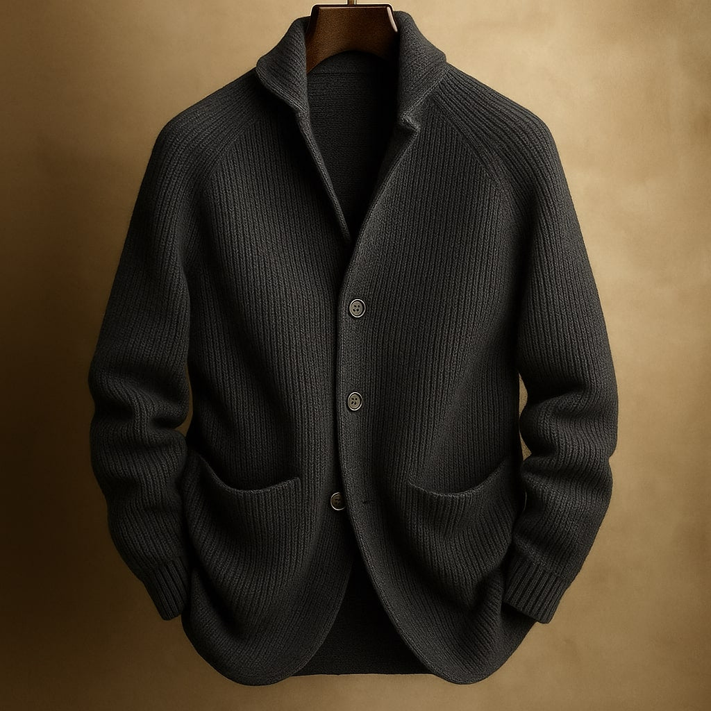 Men's Wool Ribbed Shawl Collar Long-Sleeve Cardigan