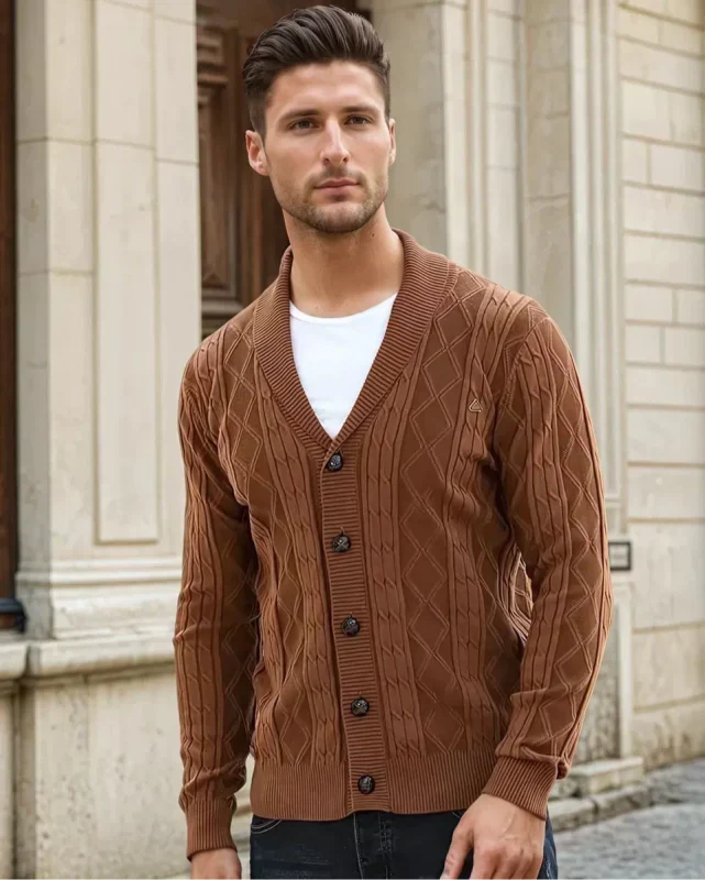Men's Cable Knit Cardigan Shawl Collar V-Neck — view 7