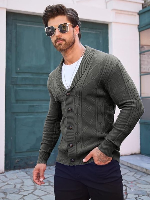 Men's Cable Knit Cardigan Shawl Collar V-Neck — view 1