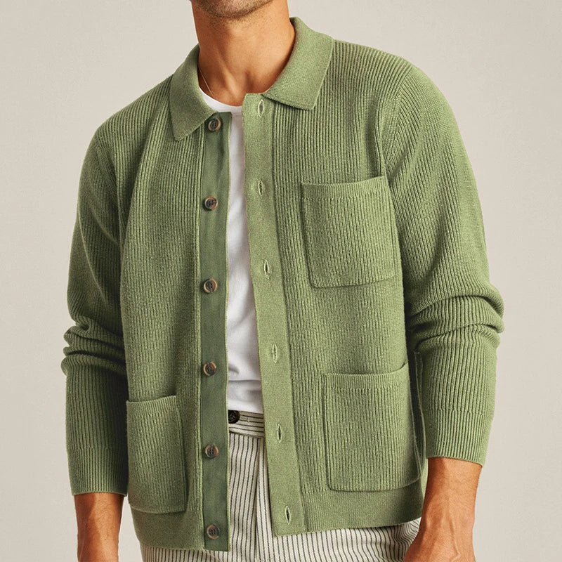 Men's Cardigan Button Up Knit Patch Pockets Collar — view 1