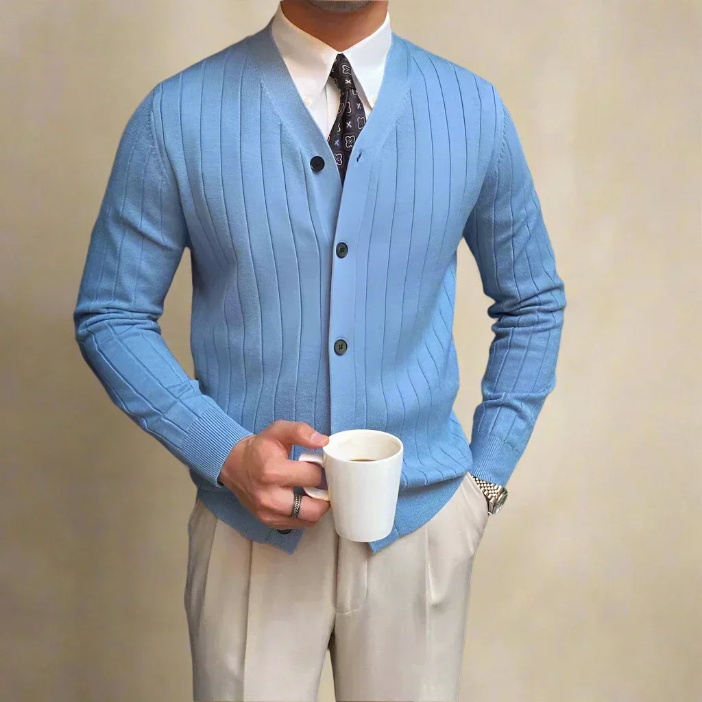 Men's Cardigan Ribbed Knit V-Neck Button Up Slim Fit — view 3