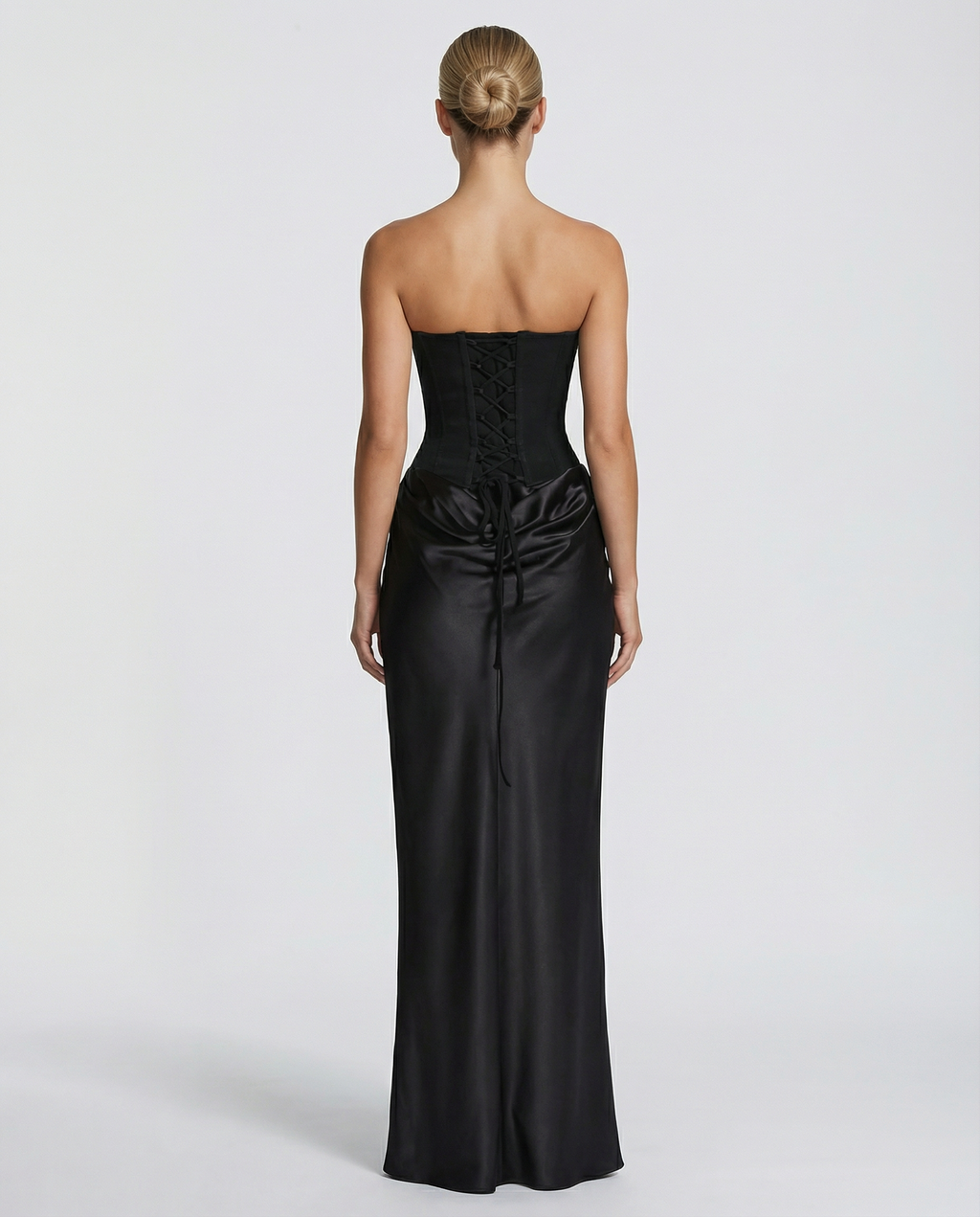 Vivienne Moretti | Black Satin Corset Maxi Dress For Women