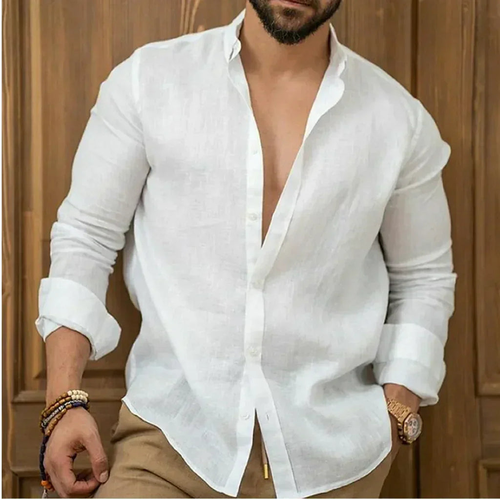 Men's Linen Blend Long Sleeve Everyday Button Down Shirt
