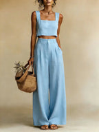 Women's Palazzo Set with Refined Top and Flowing Pants for Autumn