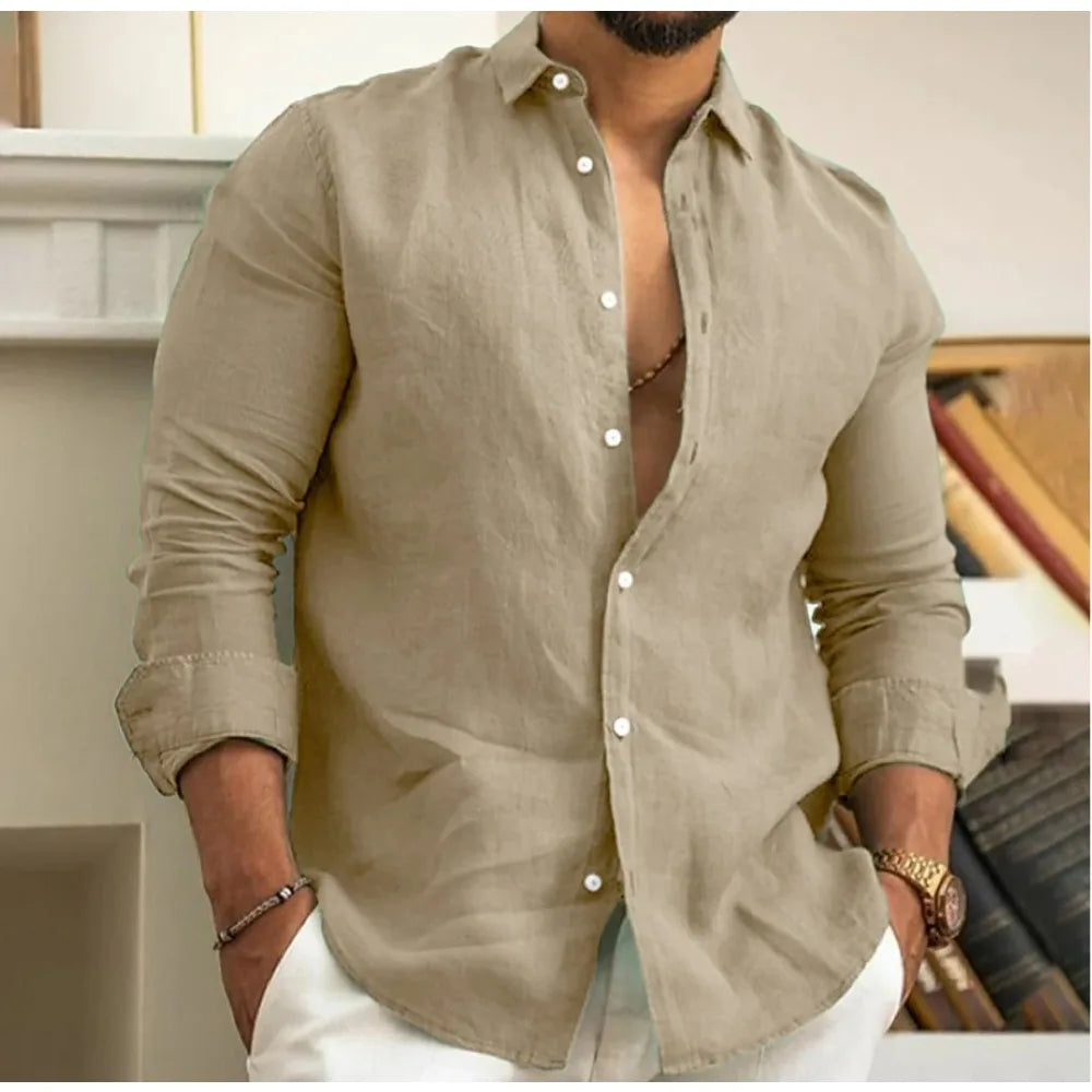 Men's Linen Blend Long Sleeve Everyday Button Down Shirt