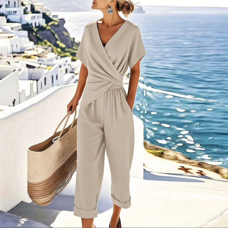 Women's 2 Piece Set Refined V-Neck Top and Wide Leg Pants