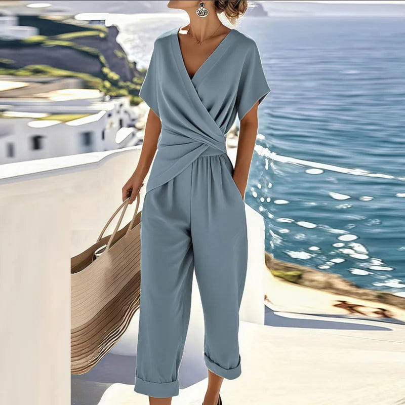 Women's 2 Piece Set Refined V-Neck Top and Wide Leg Pants