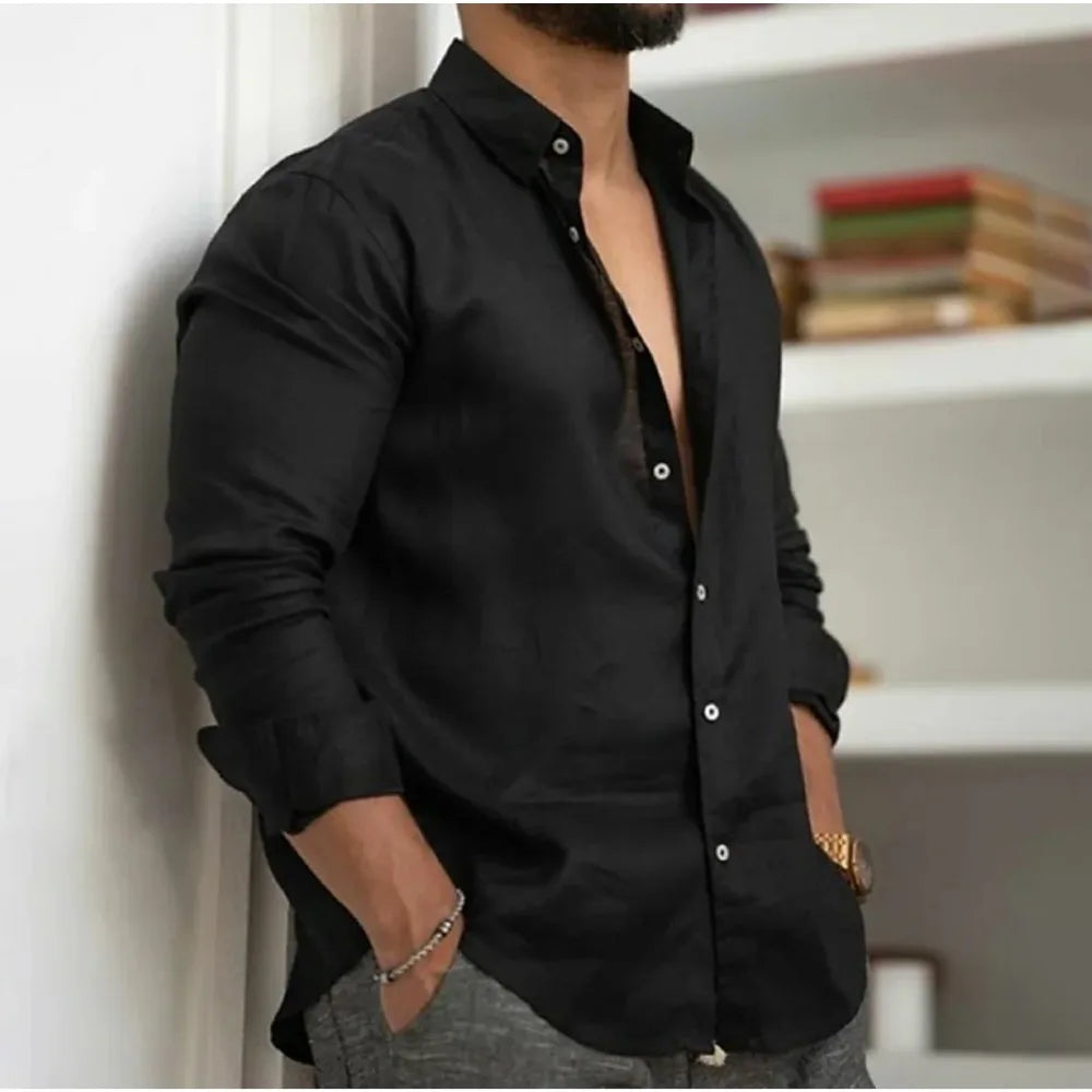 Men's Linen Blend Long Sleeve Everyday Button Down Shirt