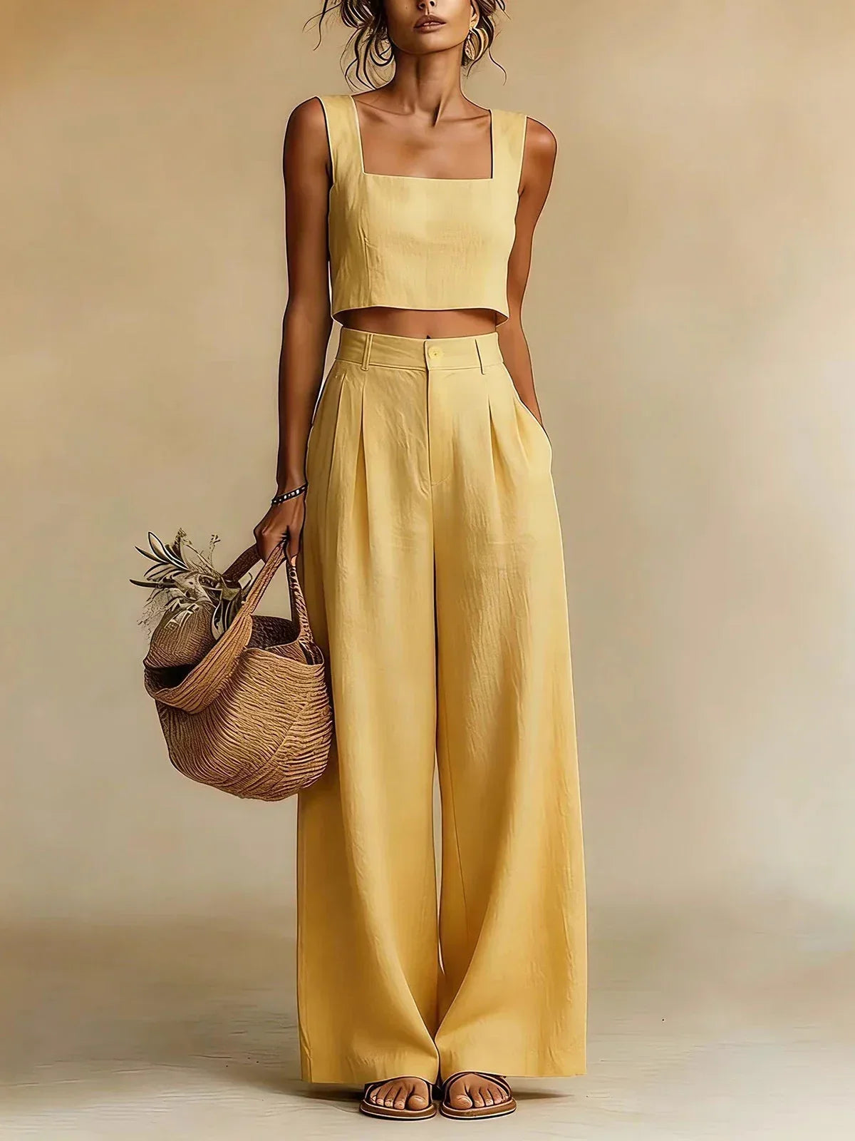 Women's Palazzo Set with Refined Top and Flowing Pants for Autumn
