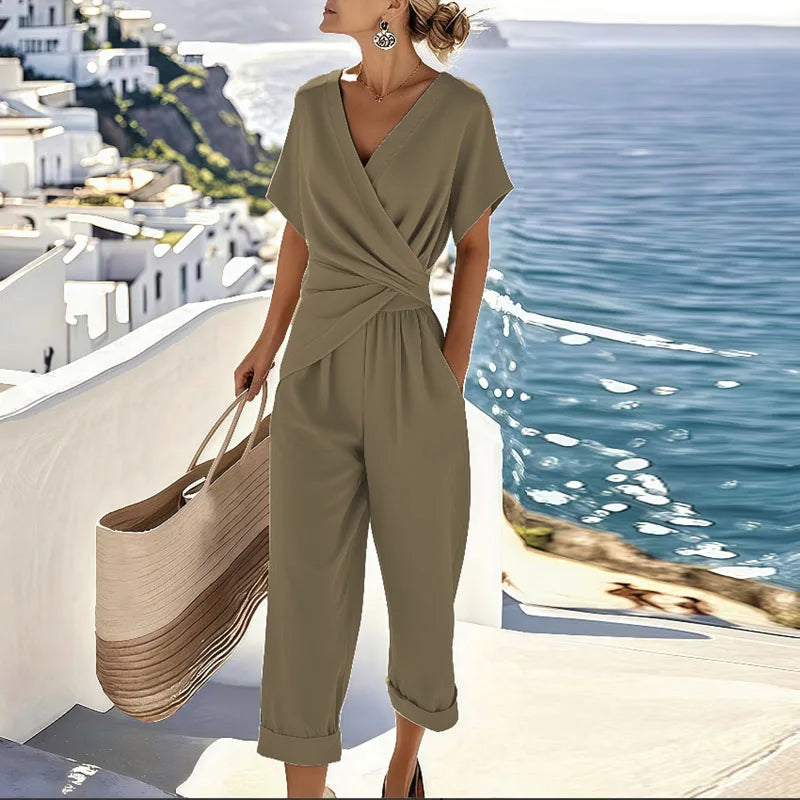 Women's 2 Piece Set Refined V-Neck Top and Wide Leg Pants
