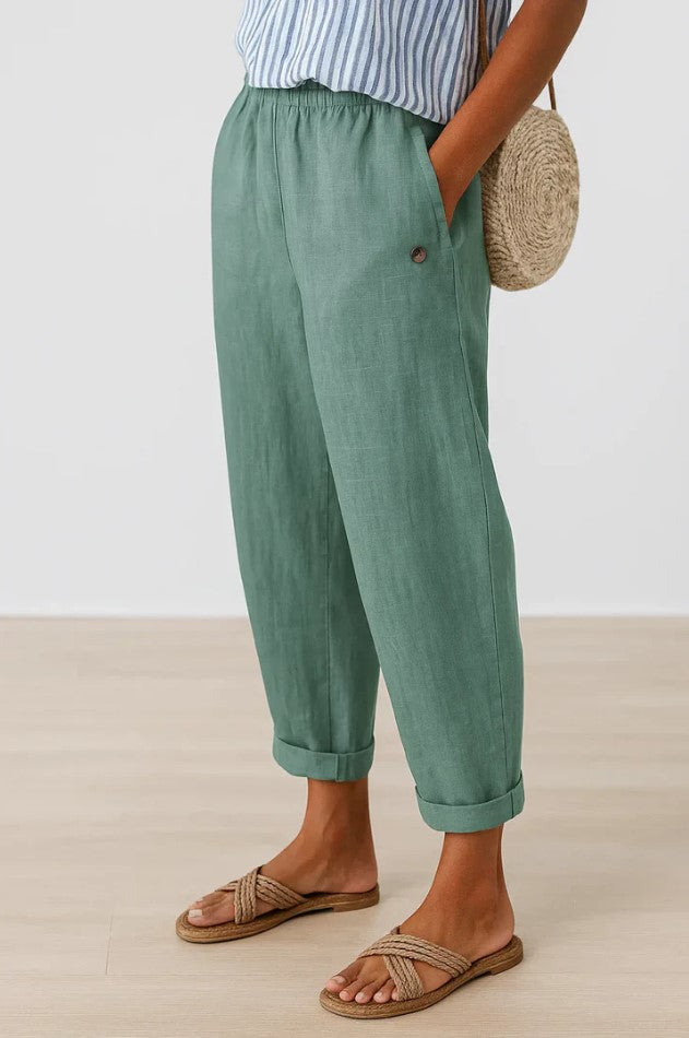 Women's Linen Trousers Loose Fit Everyday Pants Elastic Waistband