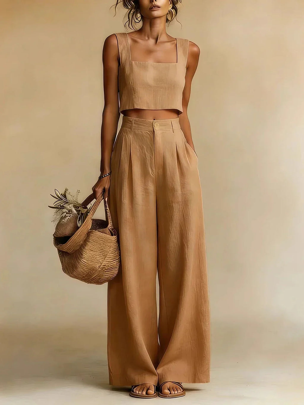 Women's Palazzo Set with Refined Top and Flowing Pants for Autumn