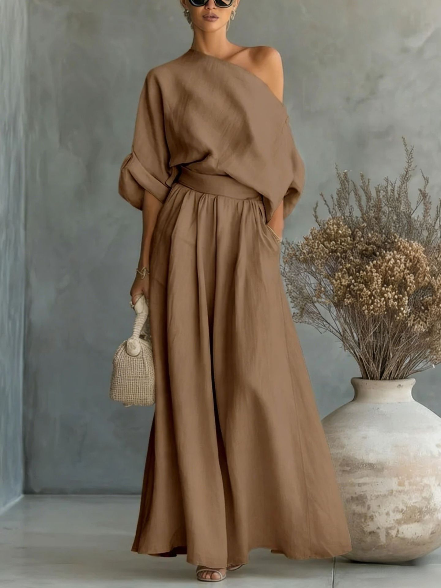 Sophia Reynolds | One Shoulder Linen Maxi Set For Women