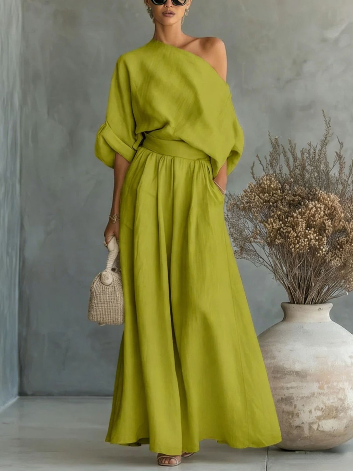 Sophia Reynolds | One Shoulder Linen Maxi Set For Women