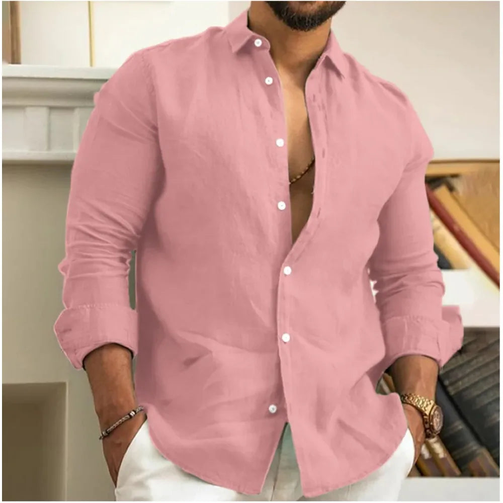 Men's Linen Blend Long Sleeve Everyday Button Down Shirt