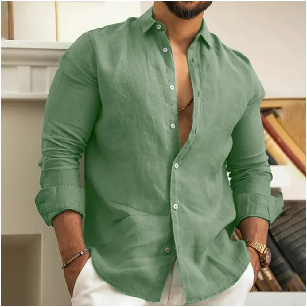 Men's Linen Blend Long Sleeve Everyday Button Down Shirt