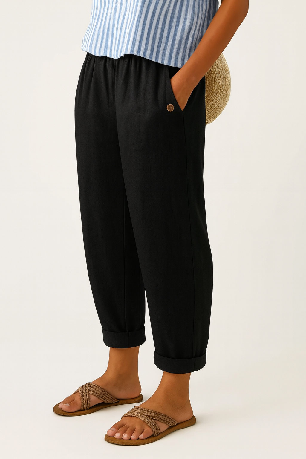 Women's Linen Trousers Loose Fit Everyday Pants Elastic Waistband