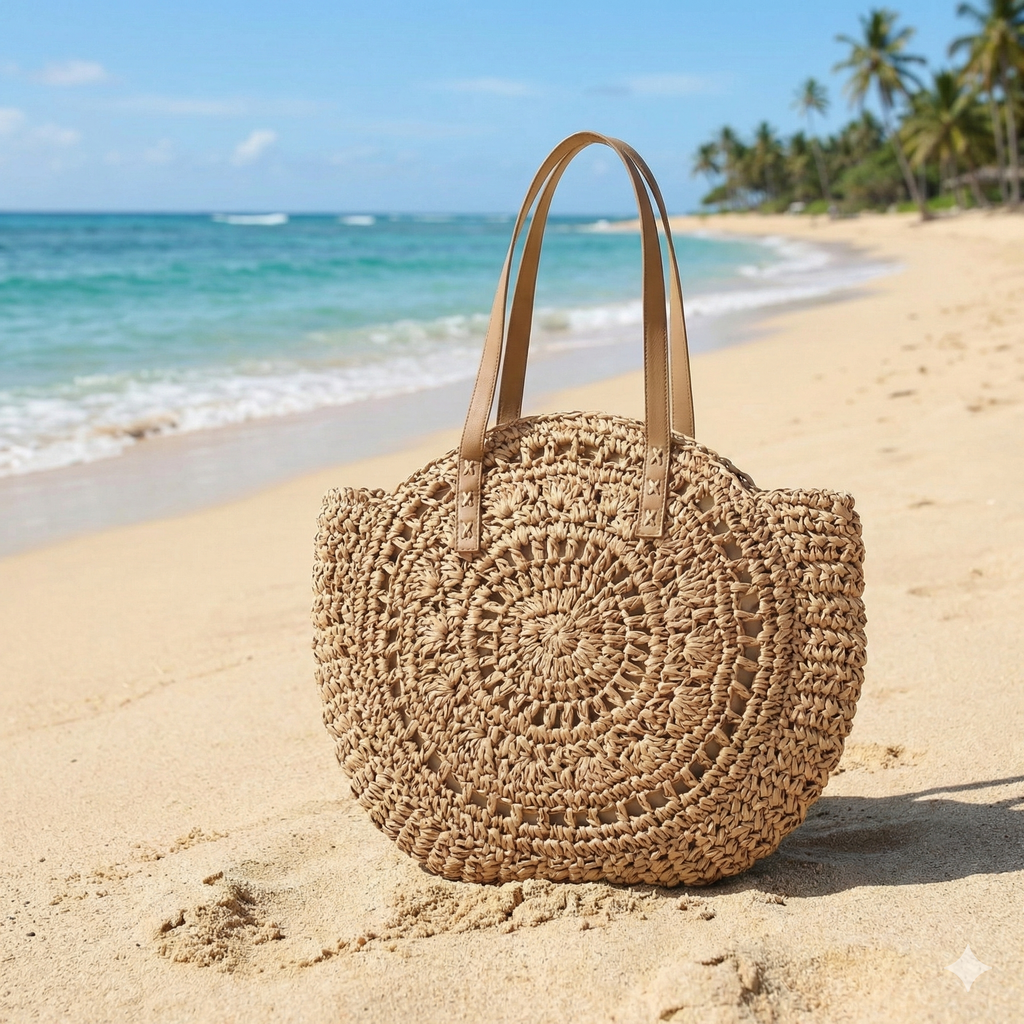 Women's Beach Tote Bag Woven Round Design Shoulder — view 3