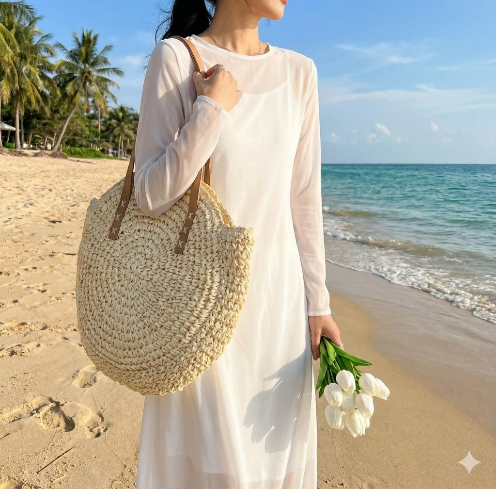 Women's Beach Tote Bag Woven Round Design Shoulder — view 5