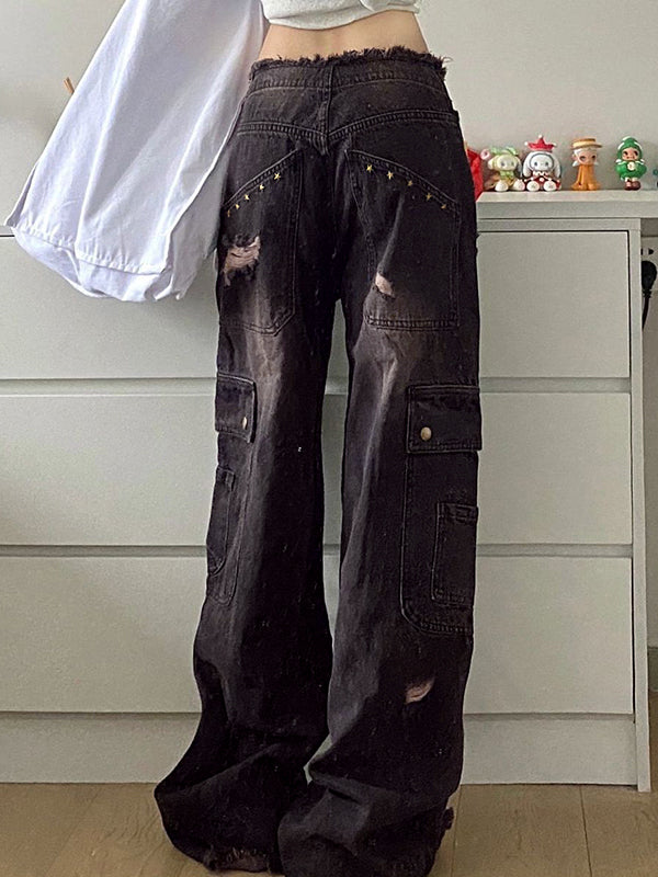 Women's Cargo Wide Leg Jeans Distressed Rips Baggy Fit — view 2