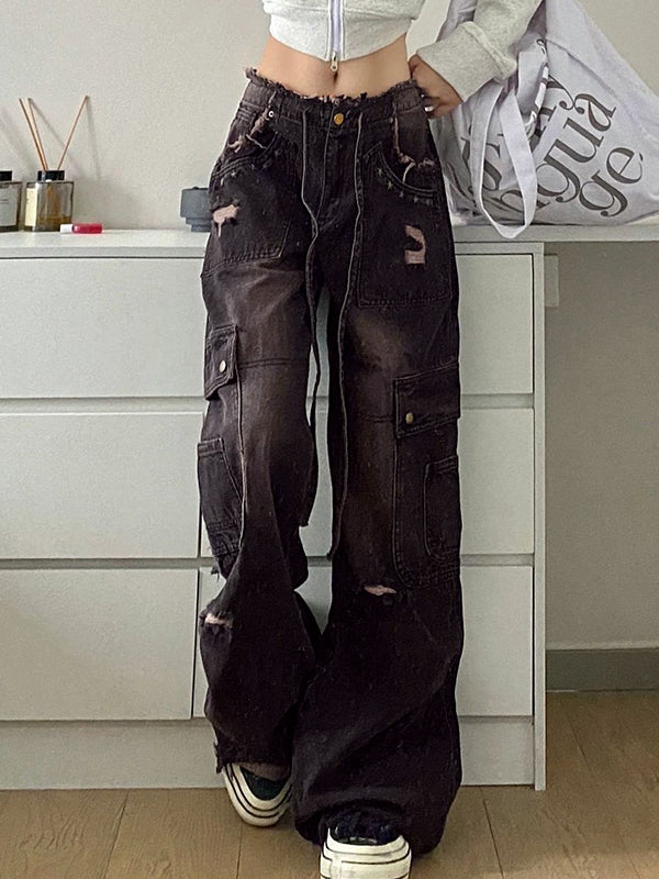 Women's Cargo Wide Leg Jeans Distressed Rips Baggy Fit — view 1
