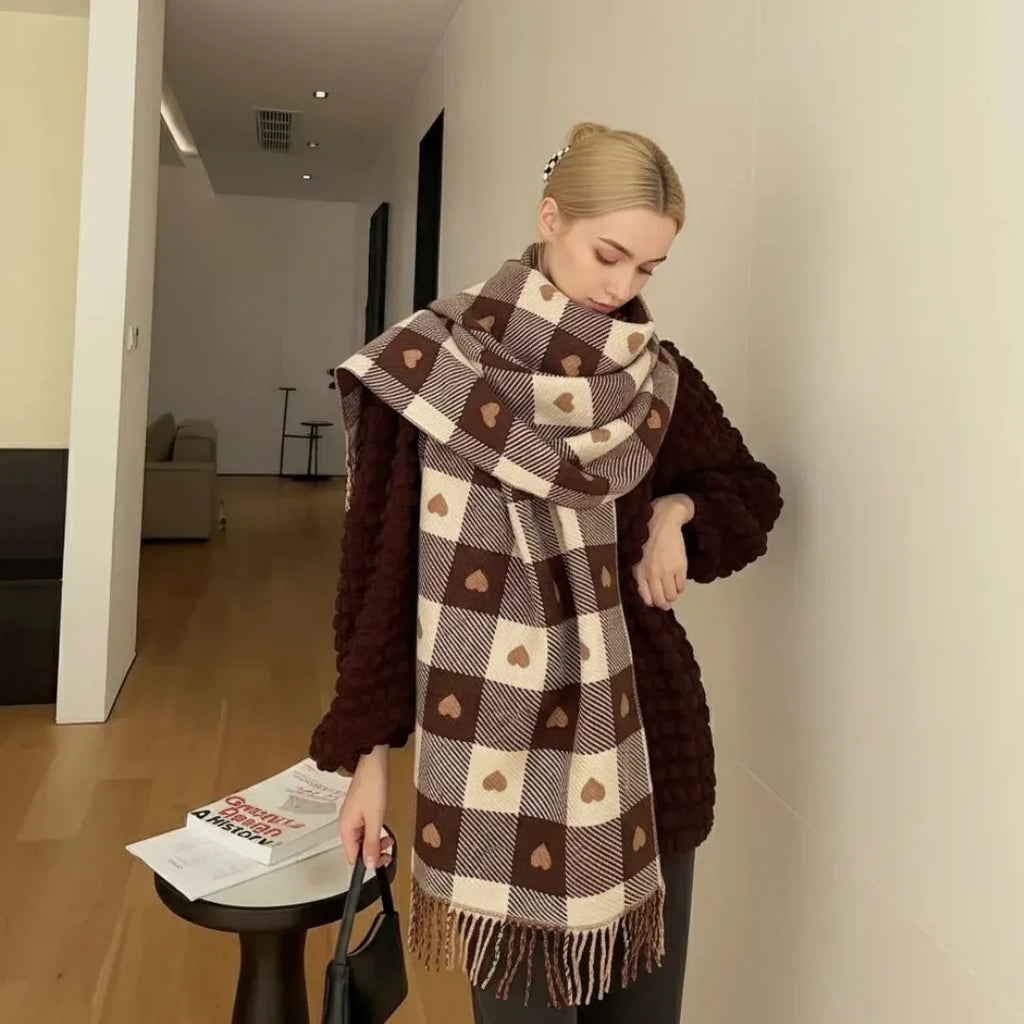 Women's Winter Scarf Heart Print Tassel Trim — view 3