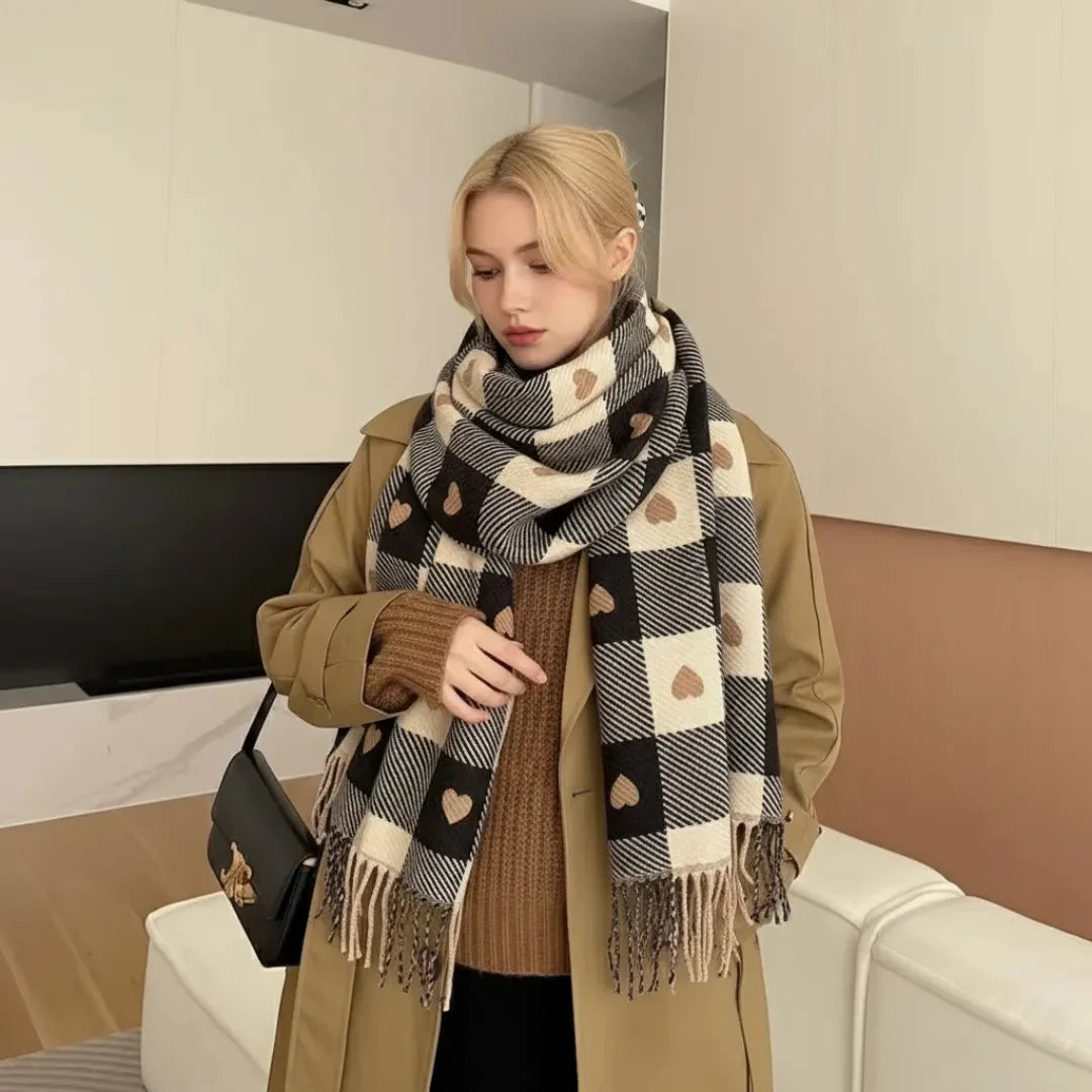 Women's Winter Scarf Heart Print Tassel Trim — view 5