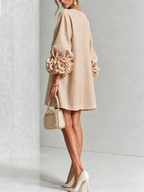Women Linen Puff Long Sleeve Tunic Mini Shift Dress