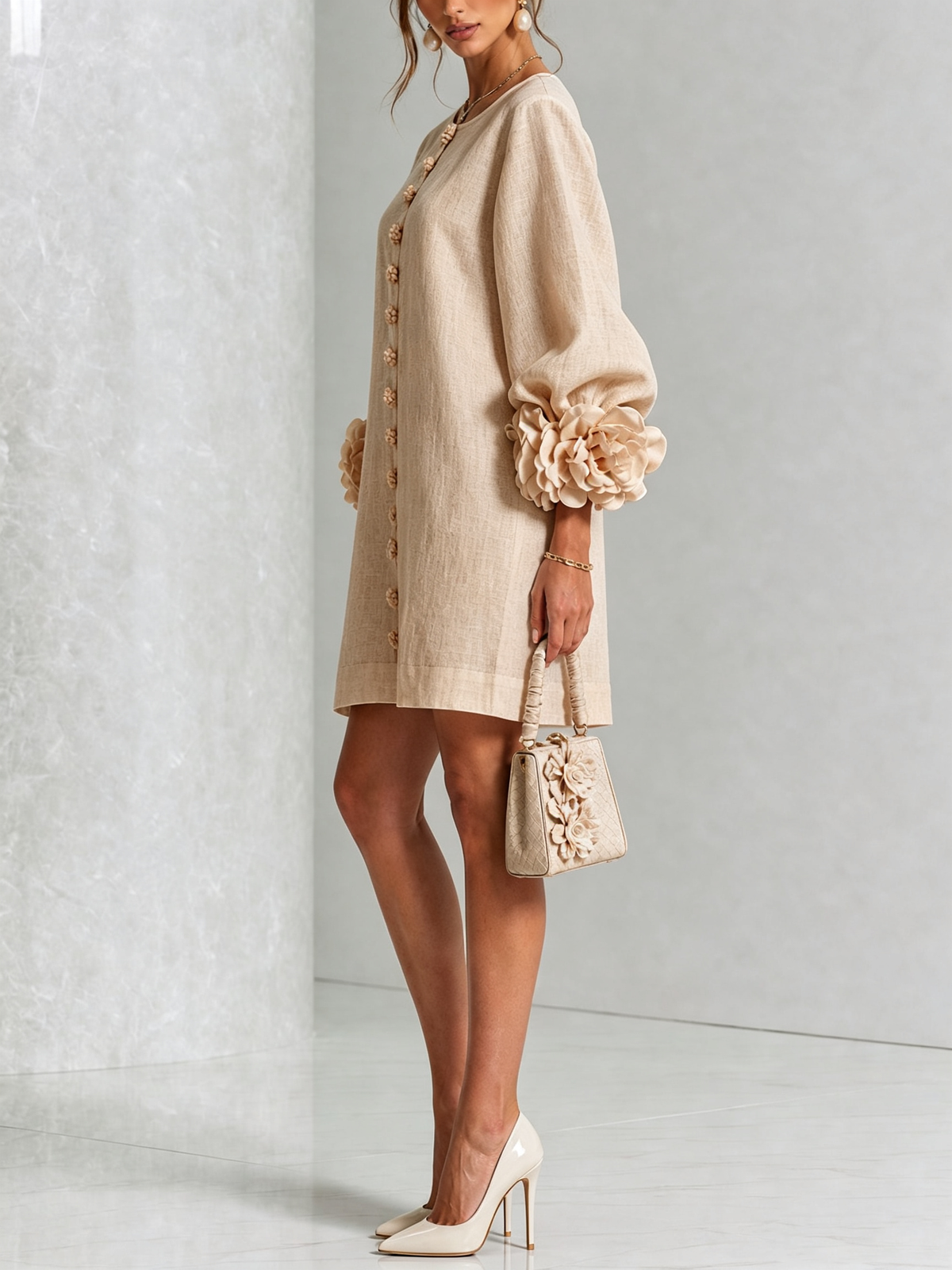 Women Linen Puff Long Sleeve Tunic Mini Shift Dress