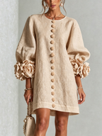 Women Linen Puff Long Sleeve Tunic Mini Shift Dress