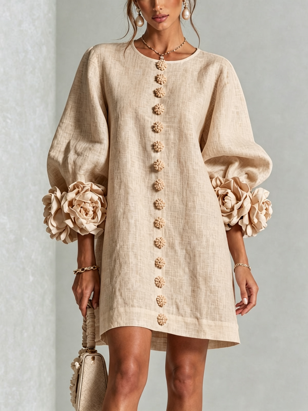 Women Linen Puff Long Sleeve Tunic Mini Shift Dress