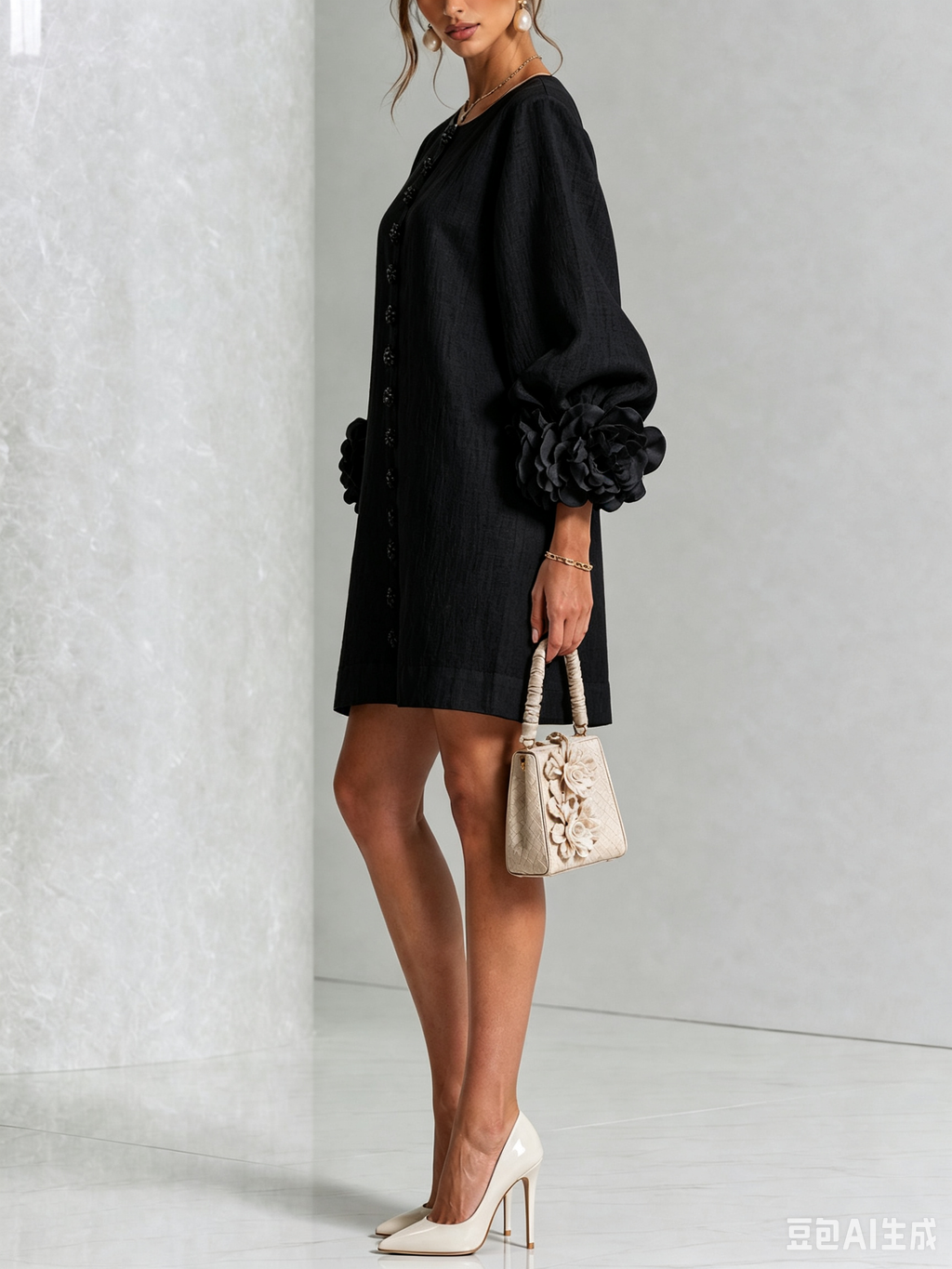 Women Linen Puff Long Sleeve Tunic Mini Shift Dress