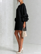 Women Linen Puff Long Sleeve Tunic Mini Shift Dress