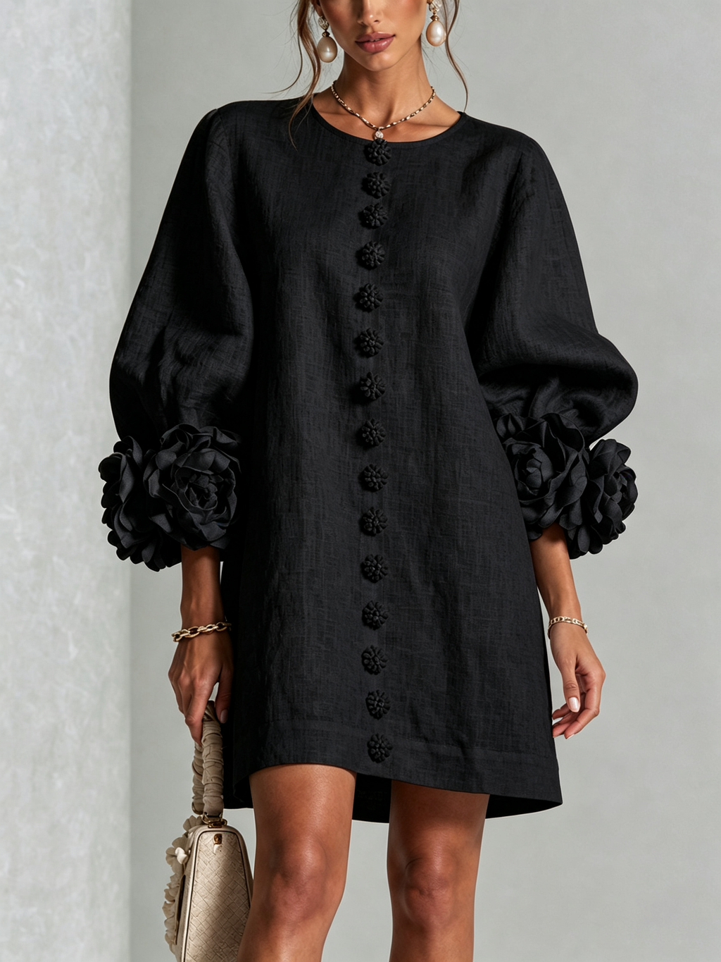 Women Linen Puff Long Sleeve Tunic Mini Shift Dress
