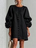 Women Linen Puff Long Sleeve Tunic Mini Shift Dress