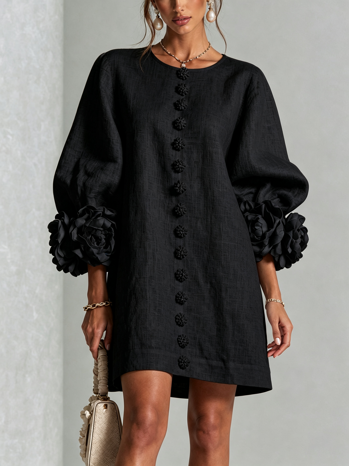 Women Linen Puff Long Sleeve Tunic Mini Shift Dress