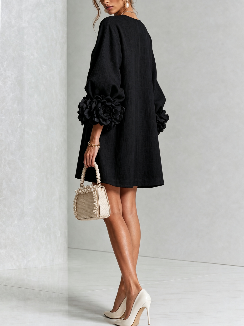 Women Linen Puff Long Sleeve Tunic Mini Shift Dress