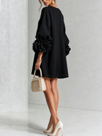 Women Linen Puff Long Sleeve Tunic Mini Shift Dress