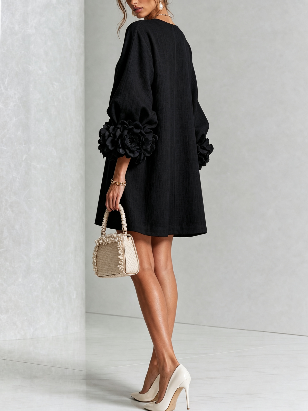 Women Linen Puff Long Sleeve Tunic Mini Shift Dress