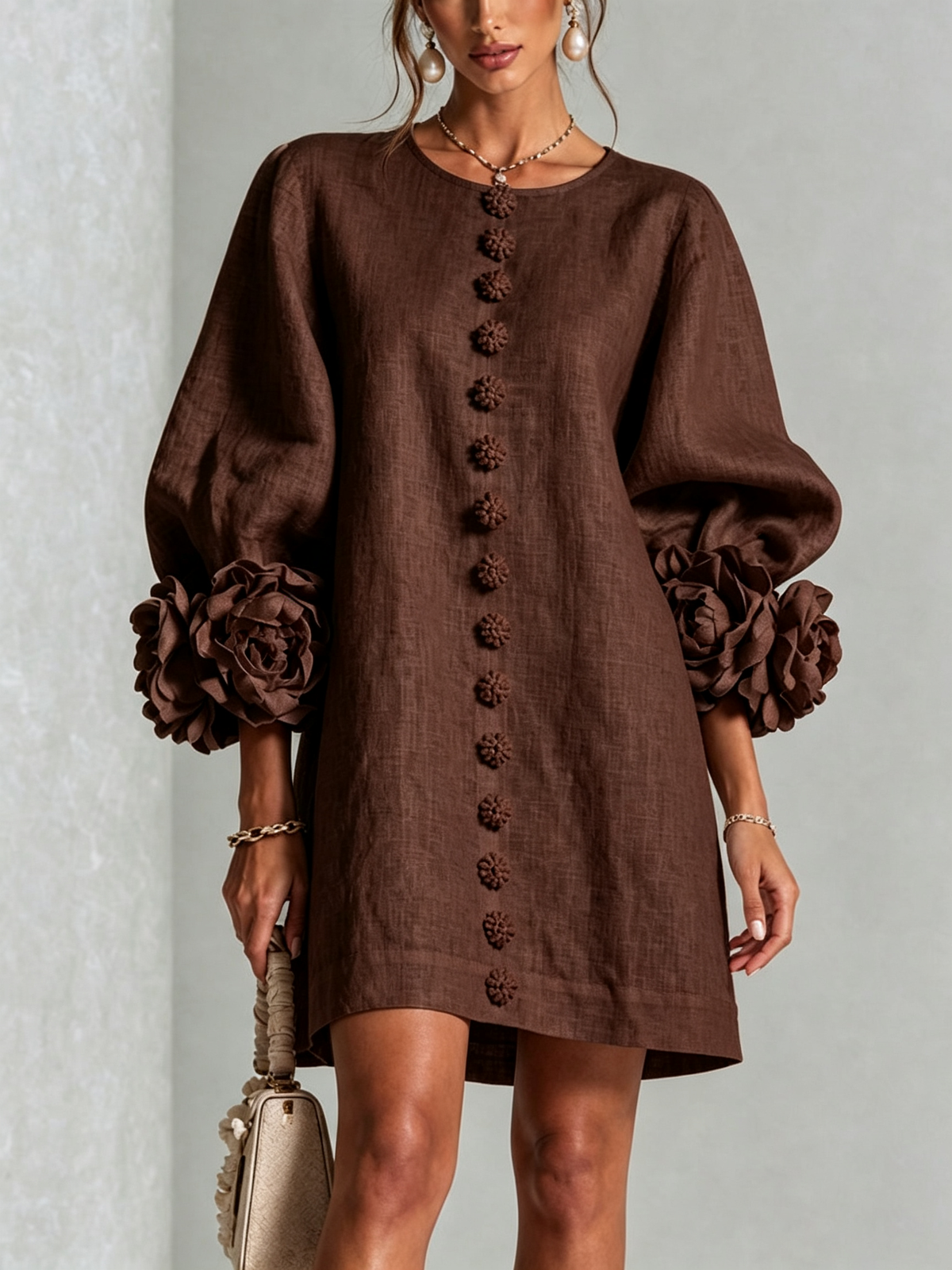Women Linen Puff Long Sleeve Tunic Mini Shift Dress