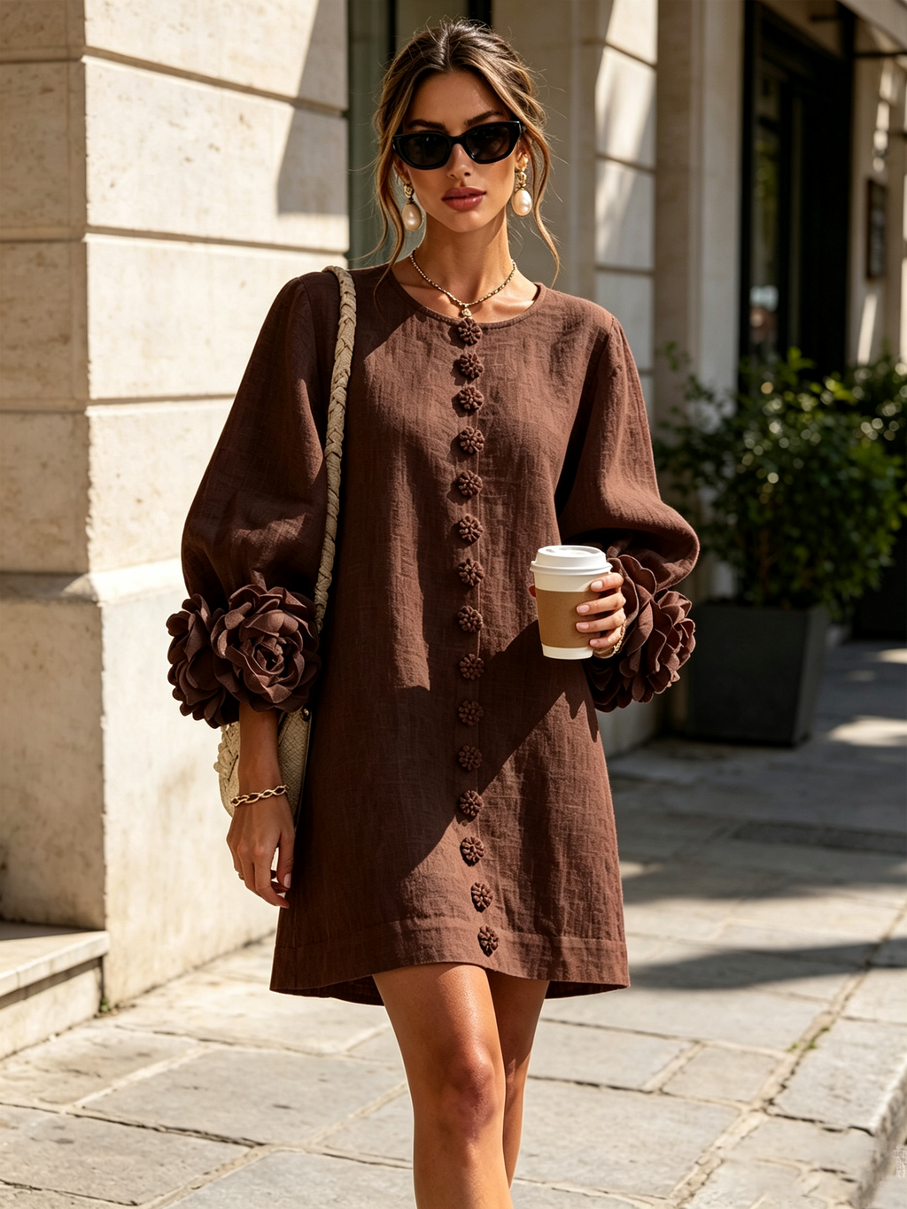 Women Linen Puff Long Sleeve Tunic Mini Shift Dress