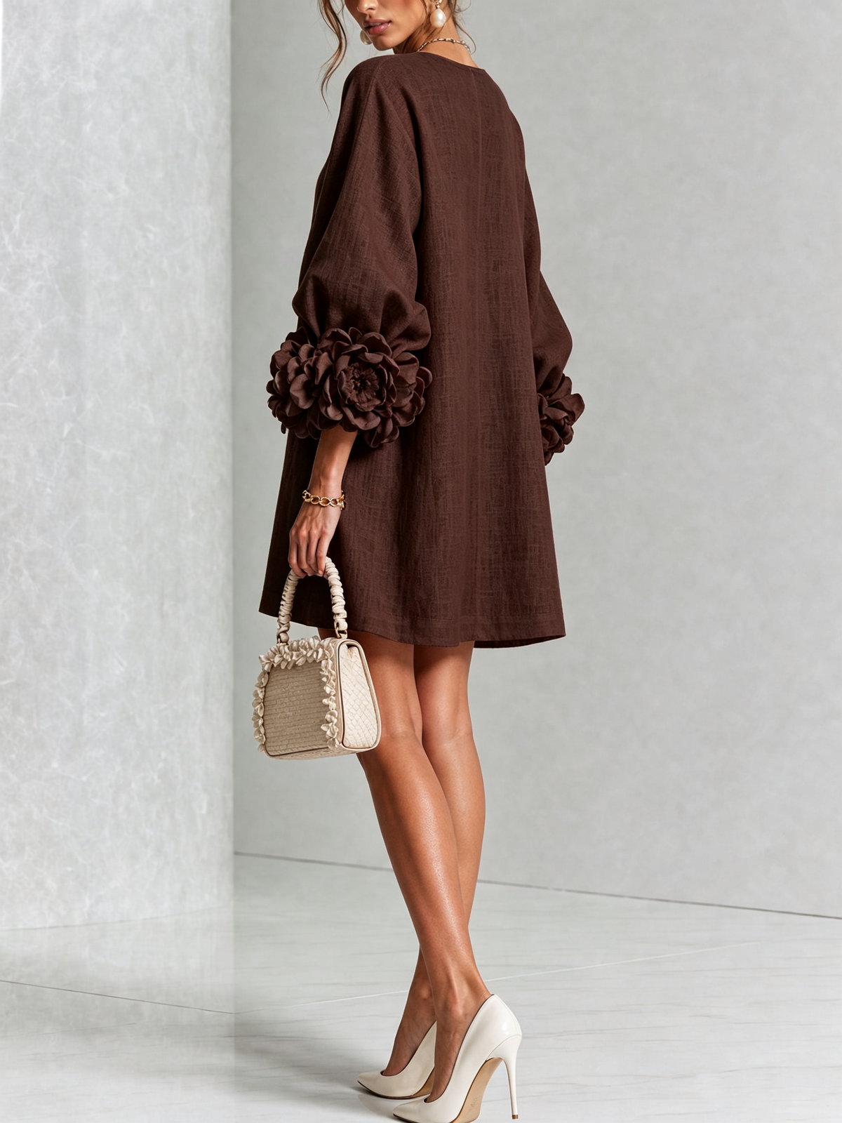 Women Linen Puff Long Sleeve Tunic Mini Shift Dress