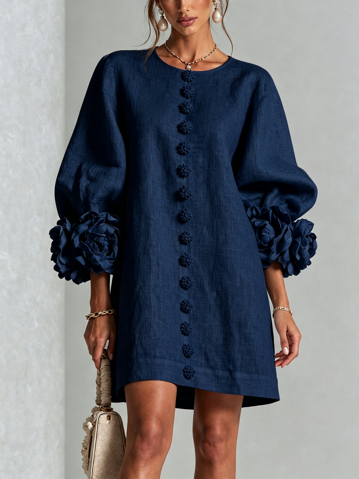 Women Linen Puff Long Sleeve Tunic Mini Shift Dress