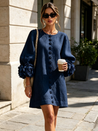 Women Linen Puff Long Sleeve Tunic Mini Shift Dress
