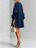 Women Linen Puff Long Sleeve Tunic Mini Shift Dress