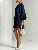 Women Linen Puff Long Sleeve Tunic Mini Shift Dress