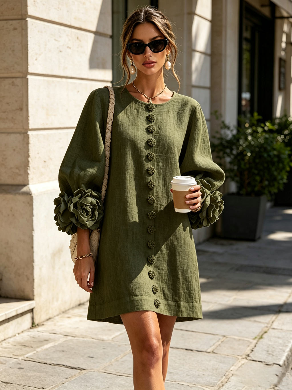 Women Linen Puff Long Sleeve Tunic Mini Shift Dress