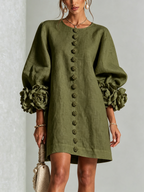 Women Linen Puff Long Sleeve Tunic Mini Shift Dress