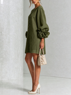 Women Linen Puff Long Sleeve Tunic Mini Shift Dress
