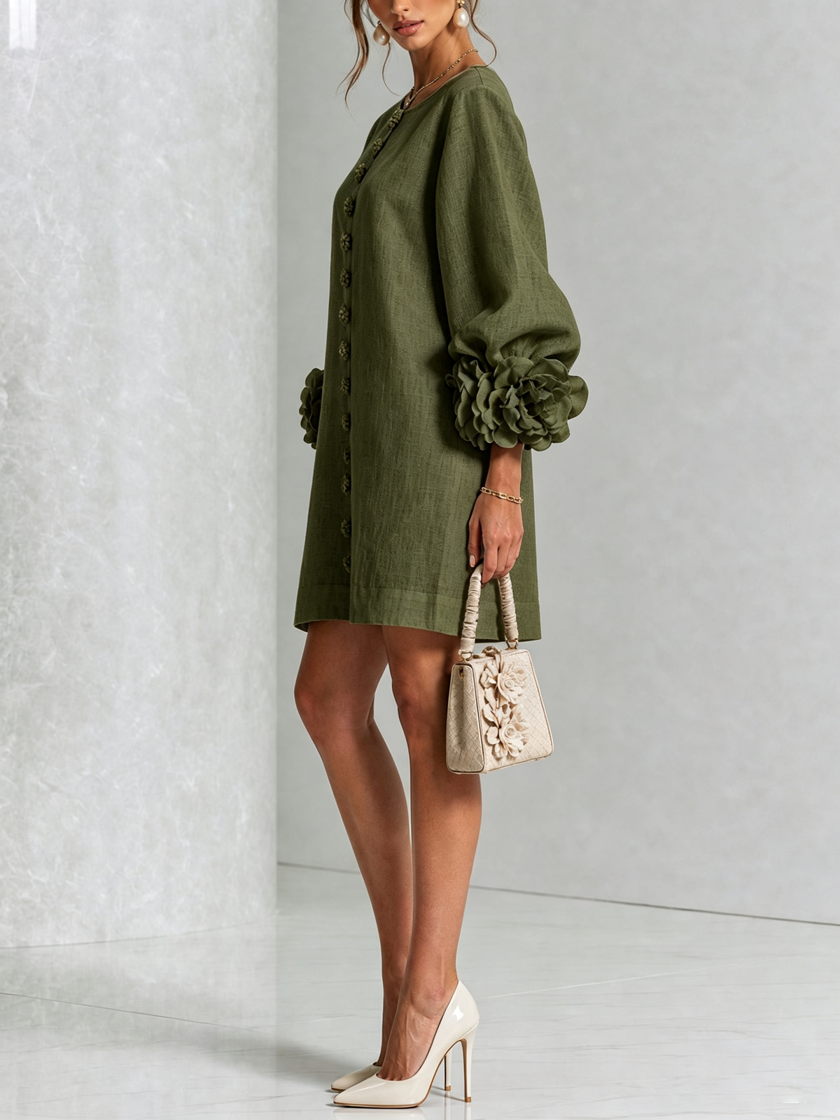 Women Linen Puff Long Sleeve Tunic Mini Shift Dress